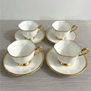 VTG 4 Sets Royal Chelsea English Bone China Gold & White Teacups & Saucers #648A